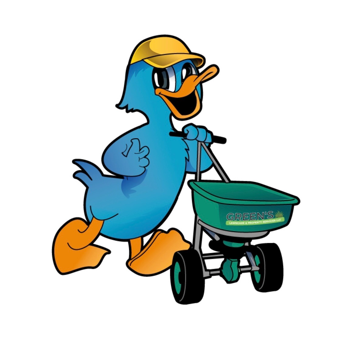 Mr. Quacker's is our mascot and does a fine job pushing a spreader!